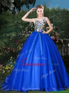 Ideal Scoop Royal Blue Sleeveless Brush Train Appliques and Belt Quinceanera Gowns