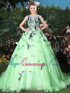 Apple Green Scoop Zipper Appliques Quince Ball Gowns Brush Train Sleeveless