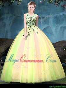 Super Multi-color Tulle Lace Up Vestidos de Quinceanera Sleeveless Floor Length Appliques