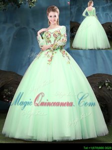 Beauteous Scoop Long Sleeves Floor Length Lace Up Sweet 16 Dress Apple Green and In for Military Ball and Sweet 16 and Quinceanera with Appliques