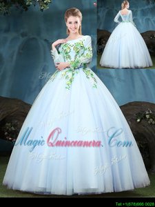 Amazing Scoop Light Blue Long Sleeves Tulle Lace Up Quinceanera Dress for Military Ball and Sweet 16 and Quinceanera