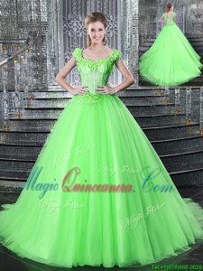 Ball Gowns Straps Sleeveless Tulle With Brush Train Lace Up Beading and Appliques Quinceanera Dresses