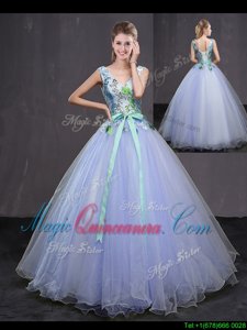 Best Floor Length Lavender Sweet 16 Dress Tulle Sleeveless Appliques and Belt