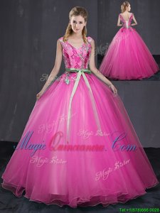 Elegant Hot Pink Sleeveless Tulle Lace Up Sweet 16 Dresses for Military Ball and Sweet 16 and Quinceanera