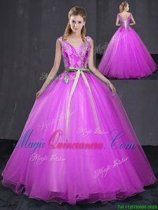 V-neck Sleeveless Lace Up Quinceanera Dresses Fuchsia Tulle