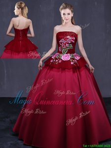 Most Popular Wine Red Satin Lace Up Quince Ball Gowns Sleeveless Floor Length Embroidery