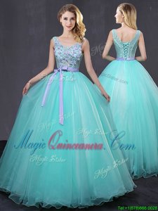 Scoop Floor Length Lace Up Quince Ball Gowns Aqua Blue and In for Military Ball and Sweet 16 and Quinceanera with Appliques and Belt