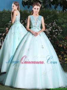 Superior Scoop Sleeveless Tulle Brush Train Lace Up Quinceanera Dress in Light Blue for with Beading and Appliques