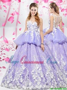 Edgy Ball Gowns 15 Quinceanera Dress Lavender Scoop Organza and Tulle Sleeveless Floor Length Lace Up