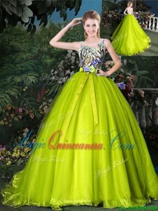 High Quality Scoop Sleeveless Court Train Lace Up Ball Gown Prom Dress Olive Green Organza