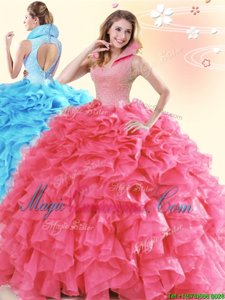 Affordable Backless Floor Length Coral Red Quinceanera Gown Organza Sleeveless Beading and Ruffles