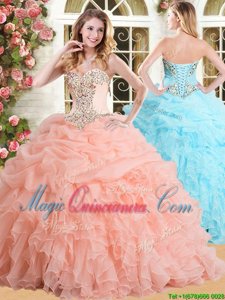 Extravagant Floor Length Lace Up Vestidos de Quinceanera Peach and In for Military Ball and Sweet 16 and Quinceanera with Appliques and Ruffles and Pick Ups