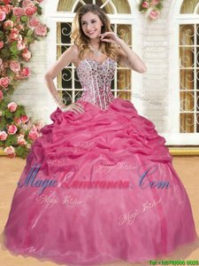 Coral Red Ball Gowns Beading and Pick Ups Quinceanera Gown Lace Up Organza Sleeveless Floor Length