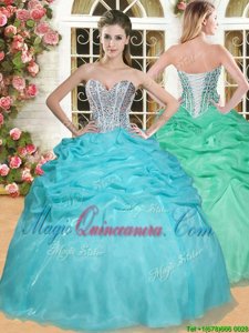 Floor Length Aqua Blue Sweet 16 Dress Organza Sleeveless Beading and Pick Ups