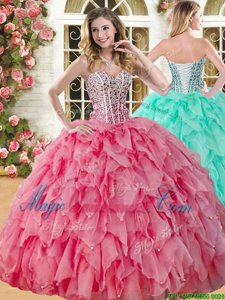 Fantastic Sweetheart Sleeveless Lace Up Quinceanera Gown Coral Red Organza