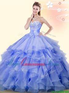 Free and Easy Lavender Ball Gowns Beading and Ruffles Quince Ball Gowns Lace Up Organza Sleeveless Floor Length