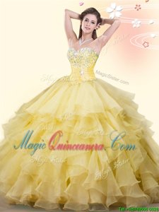 Floor Length Yellow 15th Birthday Dress Organza Sleeveless Beading and Ruffles