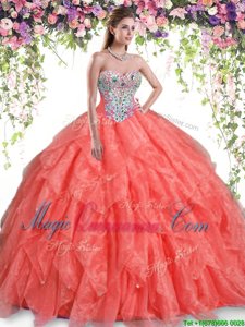 Floor Length Lace Up Quinceanera Gown Orange Red and In for Military Ball and Sweet 16 and Quinceanera with Beading and Ruffles