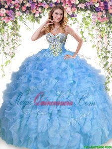 Stunning Floor Length Baby Blue Vestidos de Quinceanera Organza Sleeveless Beading and Ruffles