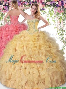 Affordable Gold Lace Up Sweetheart Beading and Ruffles Ball Gown Prom Dress Organza Sleeveless