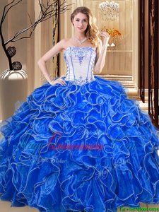 Royal Blue Lace Up 15th Birthday Dress Embroidery and Ruffles Sleeveless Floor Length