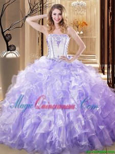 White and Lavender Organza Lace Up 15 Quinceanera Dress Sleeveless Floor Length Embroidery and Ruffles