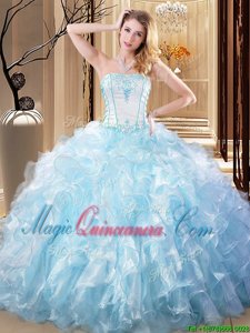 Elegant White and Blue Lace Up Strapless Embroidery and Ruffles Sweet 16 Dresses Organza Sleeveless