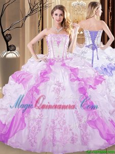 New Arrival Organza Strapless Sleeveless Lace Up Embroidery and Ruffled Layers Quinceanera Gowns in White and Lilac