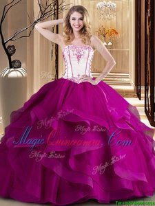 Vintage White and Fuchsia Sleeveless Tulle Lace Up Sweet 16 Dresses for Military Ball and Sweet 16 and Quinceanera