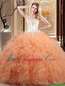 White and Rose Pink and Orange Strapless Neckline Embroidery and Ruffled Layers Quinceanera Gown Sleeveless Lace Up