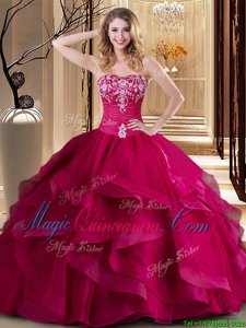 Coral Red Ball Gowns Embroidery and Ruffles 15th Birthday Dress Lace Up Tulle Sleeveless Floor Length