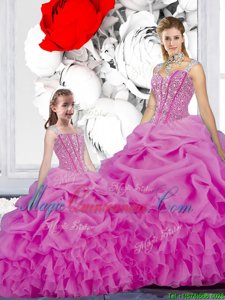 Romantic Pick Ups Straps Sleeveless Lace Up Quince Ball Gowns Fuchsia Organza