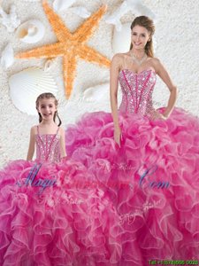 Dramatic Hot Pink Ball Gowns Beading and Ruffles Quinceanera Dress Lace Up Organza Sleeveless Floor Length