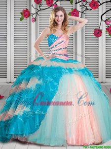 Pretty Sweetheart Sleeveless Quinceanera Gown Floor Length Beading and Ruching Multi-color Organza