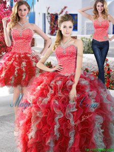 Three Piece Sweetheart Sleeveless Lace Up Ball Gown Prom Dress White and Red Organza