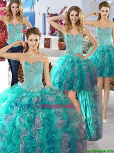 Sophisticated Four Piece Sleeveless Floor Length Beading Lace Up Quinceanera Dress with Multi-color