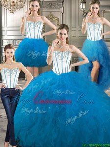 Four Piece Sweetheart Sleeveless Quince Ball Gowns Floor Length Embroidery and Ruffles Baby Blue Tulle