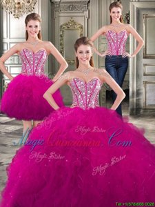 Best Three Piece Beading and Ruffles Quinceanera Gown Fuchsia Lace Up Sleeveless Floor Length