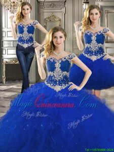 Three Piece Floor Length Royal Blue Quince Ball Gowns Off The Shoulder Sleeveless Lace Up