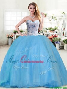 Baby Blue Ball Gowns Tulle Sweetheart Sleeveless Beading Floor Length Lace Up Ball Gown Prom Dress