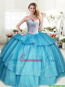 Aqua Blue Ball Gown Prom Dress Military Ball and Sweet 16 and Quinceanera and For with Beading and Ruffled Layers Sweetheart Sleeveless Lace Up