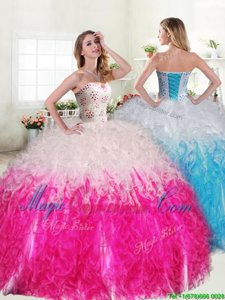 Excellent Pink And White Organza Lace Up Quinceanera Gown Sleeveless Floor Length Beading and Ruffles