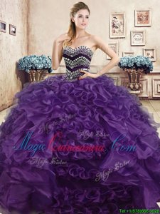 Fitting Floor Length Lace Up Quinceanera Gowns Purple and In for Military Ball and Sweet 16 and Quinceanera with Beading and Ruffles