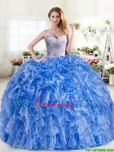 Floor Length Turquoise Quinceanera Dress Organza Sleeveless Beading and Ruffles