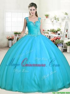 Glittering Straps Straps Sleeveless Tulle Floor Length Zipper Sweet 16 Dress in Aqua Blue for with Beading