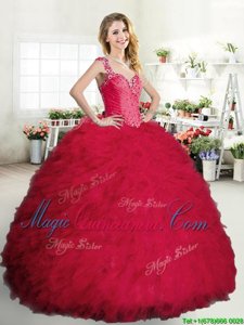 Coral Red Ball Gowns Tulle Straps Sleeveless Beading and Ruffles Floor Length Zipper Quinceanera Dresses