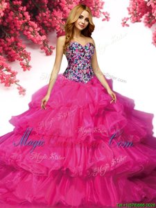 Best Fuchsia Organza Lace Up Sweetheart Sleeveless Floor Length Quinceanera Gowns Beading and Ruffled Layers