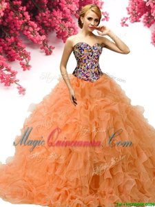 Orange Sleeveless Floor Length Beading and Ruffles Lace Up Quinceanera Gown