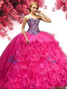 Sleeveless Floor Length Beading and Ruffles Lace Up Quinceanera Gowns with Hot Pink