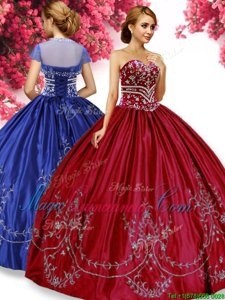 Wine Red Lace Up Sweetheart Embroidery Sweet 16 Dress Taffeta Sleeveless